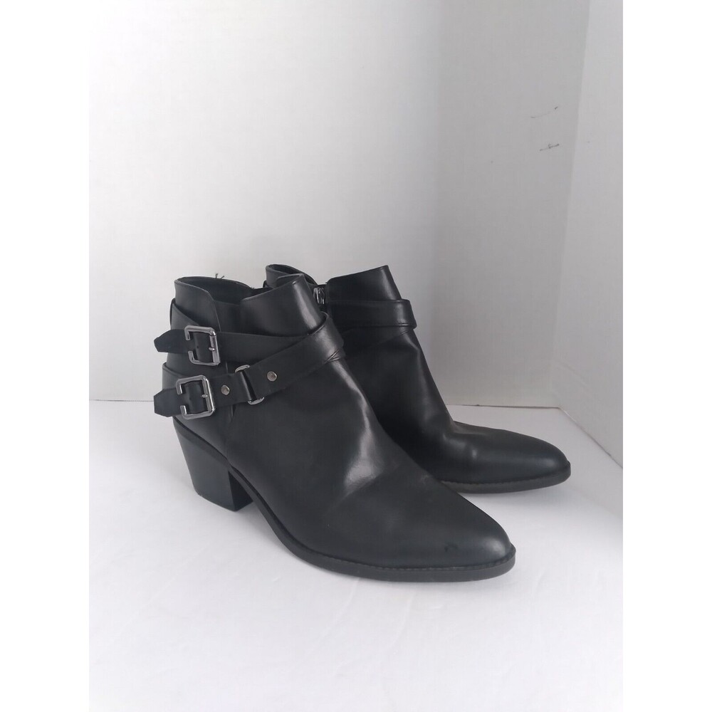 Buckle Ankle Boots Stacked Heel Pointed Toe Black Booties